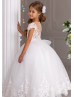 Ivory Lace Tulle Sheer Buttons Back Flower Girl Dress